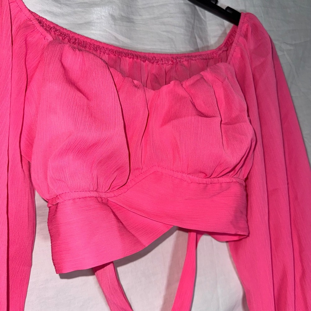 Lyaner Hot Pink Barbie Core Tie Back Crop Top Long Lantern Sleeve Size Medium - Picture 5 of 6
